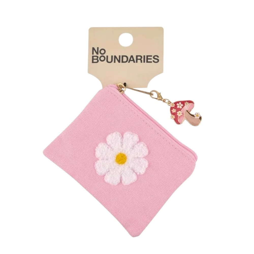 Pink Daisy Coin Pouch with Mushroom Charm Keychain - Picture 2 of 9